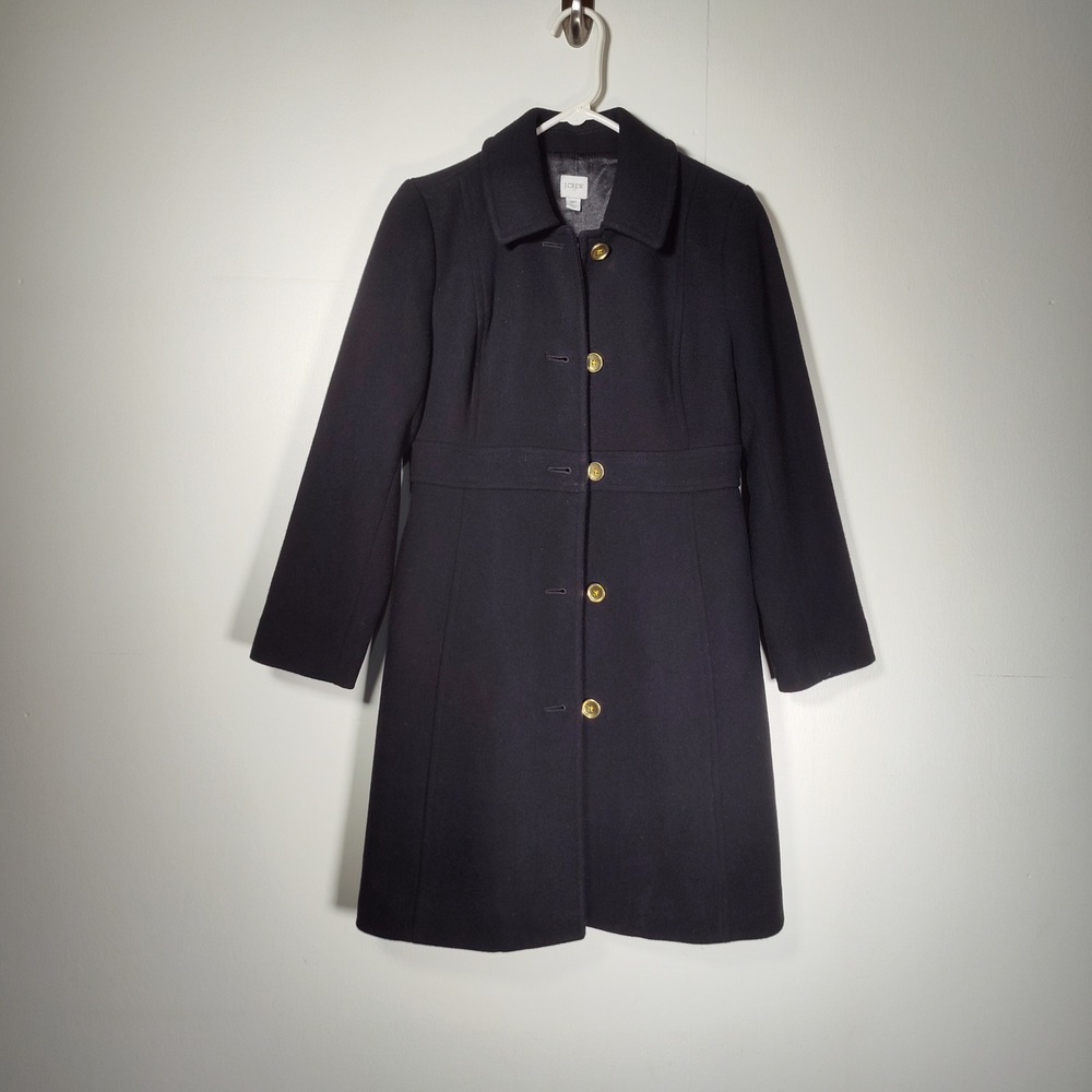 J. Crew Womens Black Wool Blend Lady Day Coat Long Winter Coat Gold Buttons 4P - Picture 2 of 14